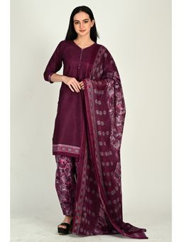 Rajnandini - Wine Cotton Blend Printed Kurta With Pant & Dupatta