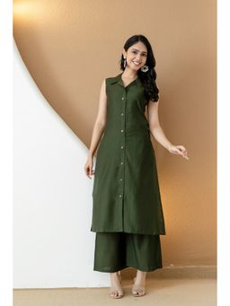 BERRYLICIOUS - Green Solid Rayon Blend Collar Neck Co-Ord Set