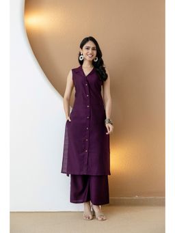 BERRYLICIOUS - Purple Solid Rayon Blend Collar Neck Co-Ord Set