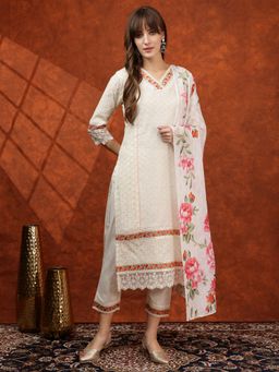 BERRYLICIOUS - Cream Cotton Embroidered Kurta with Pant and Dupatta