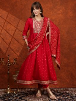 BERRYLICIOUS - Red Silk Blend Embroidered Anarkali Kurta with Pant and Dupatta
