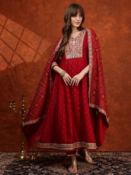 BERRYLICIOUS - Maroon Silk Blend Embroidered Anarkali Kurta with Pant and Dupatta