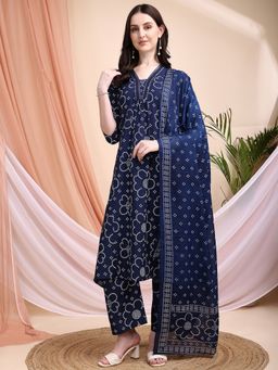 BERRYLICIOUS - Navy Blue Bandhni A-line Printed Kurta with Pant and Dupatta