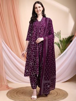 BERRYLICIOUS - Purple Bandhni A-line Printed Kurta with Pant and Dupatta