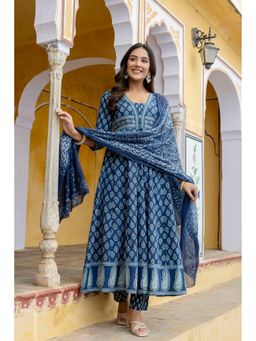 BERRYLICIOUS - Blue Printed Anarkali Kurta with Pant and Dupatta