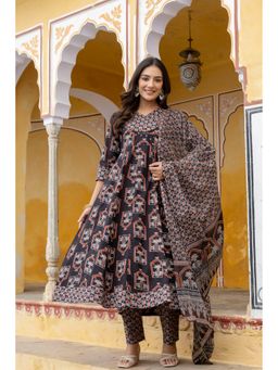 BERRYLICIOUS - Black Cotton Printed Angarakha Kurta with Pant and Dupatta