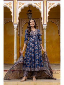 BERRYLICIOUS - Blue Cotton Printed Angarakha Kurta with Pant and Dupatta
