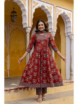 BERRYLICIOUS - Rust Cotton Printed Angarakha Kurta with Pant and Dupatta