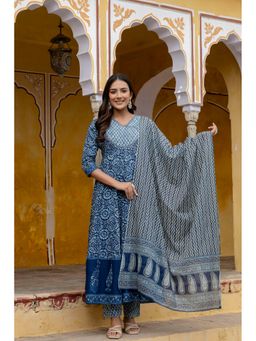 BERRYLICIOUS - BlueCotton Floral Printed Anarkali Kurta with Pant and Dupatta