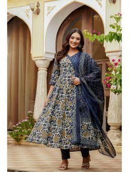 BERRYLICIOUS - Blue Cotton Floral Printed Angrakha Kurta with Pant and Dupatta