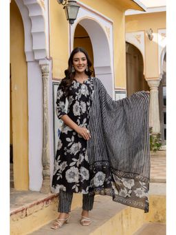 BERRYLICIOUS - Black Cotton Floral Printed Anarkali Kurta with Pant and Dupatta