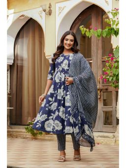BERRYLICIOUS - Blue Cotton Floral Printed Anarkali Kurta with Pant and Dupatta