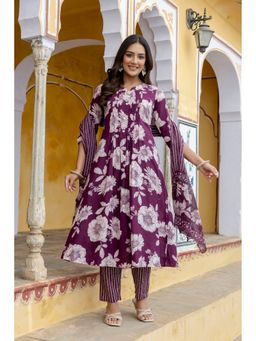 BERRYLICIOUS - Purple Cotton Floral Printed Anarkali Kurta with Pant and Dupatta