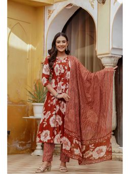 BERRYLICIOUS - Rust Cotton Floral Printed Anarkali Kurta with Pant and Dupatta