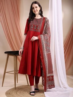 BERRYLICIOUS - Maroon Cotton Printed Anarkali Kurta with Pant and Dupatta