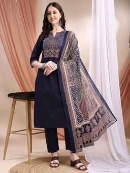 BERRYLICIOUS - Navy Blue Printed Kurta with Pant and Dupatta