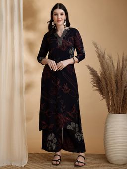 BERRYLICIOUS - Navy Blue Rayon Floral Printed Kurta with Palazzo