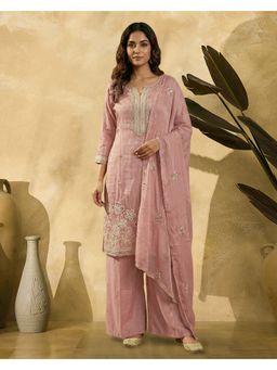 KVS FAB - Peach Sequence Thread Embroidered Kurta With Palazzo Dupatta