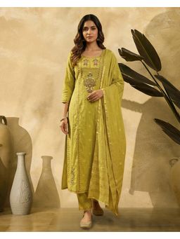 KVS FAB - Green Pure Cotton Linen Sequence Thread Embroidered Kurta With Pant And Dupatta