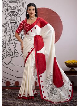 Mysilklove - Barn Red Printed Satin Crepe Silk Saree With Unstitched Blouse