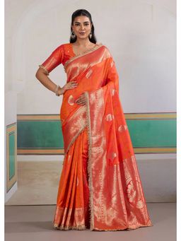 Mysilklove - Orange Woven Banarasi Satin Silk Saree With Unstitched Blouse