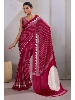 Mysilklove - Raspberry Red Printed Satin Crepe Silk Saree With Unstitched Blouse