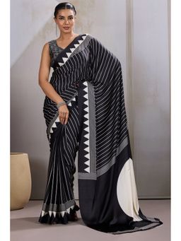 Mysilklove - Taupe Black Printed Satin Crepe Silk Saree With Unstitched Blouse