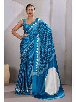 Mysilklove - Hydrangea Blue Printed Satin Crepe Silk Saree With Unstitched Blouse