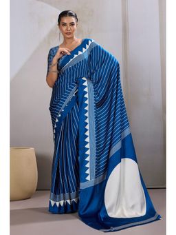 Mysilklove - Carolina Blue Printed Satin Crepe Silk Saree With Unstitched Blouse