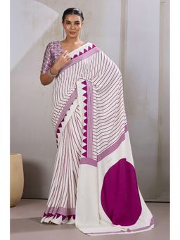 Mysilklove - Warm White Printed Satin Crepe Silk Saree With Unstitched Blouse