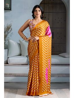 Mysilklove - Saffron Yellow Printed Polka Dots Satin Crepe Saree With Unstitched Blouse