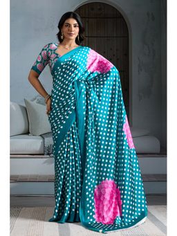 Mysilklove - Cornflower Blue Printed Polka Dots Satin Crepe Saree With Unstitched Blouse