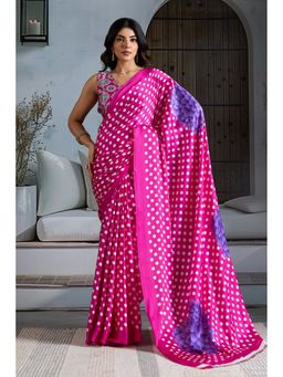 Mysilklove - Periwinkle Pink Printed Polka Dots Satin Crepe Saree With Unstitched Blouse