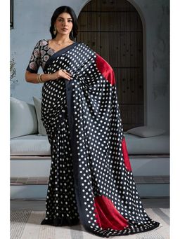 Mysilklove - Outer Black Printed Polka Dots Satin Crepe Saree With Unstitched Blouse