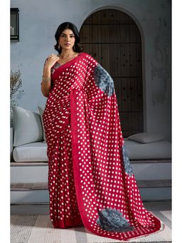 Mysilklove - Melon Red Printed Polka Dots Satin Crepe Saree With Unstitched Blouse