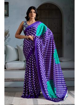 Mysilklove - Bondi Blue Printed Polka Dots Satin Crepe Saree With Unstitched Blouse