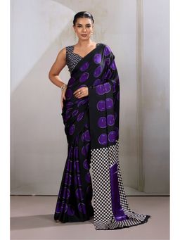 Mysilklove - Tiffany Blue Printed Polka Dots Satin Crepe Saree With Unstitched Blouse