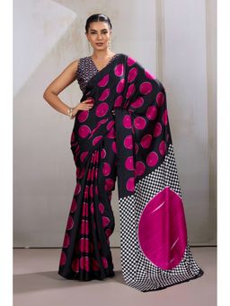 Mysilklove - Bubble gum Pink Printed Polka Dots Satin Crepe Saree With Unstitched Blouse
