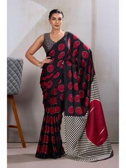 Mysilklove - Brink Red Printed Polka Dots Satin Crepe Saree With Unstitched Blouse
