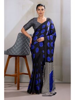Mysilklove - Electric Blue Printed Polka Dots Satin Crepe Saree With Unstitched Blouse