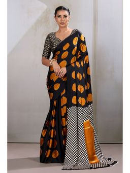 Mysilklove - Apricot Orange Printed Polka Dots Satin Crepe Saree With Unstitched Blouse