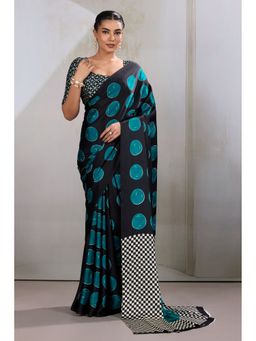 Mysilklove - Havelock Blue Printed Polka Dots Satin Crepe Saree With Unstitched Blouse