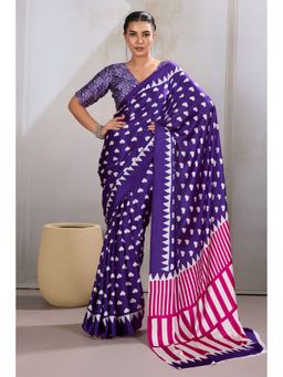 Mysilklove - Honey Flower Purple Printed Satin Crepe Silk Saree With Unstitched Blouse