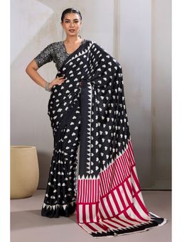 Mysilklove - Warlock Black Printed Satin Crepe Silk Saree With Unstitched Blouse