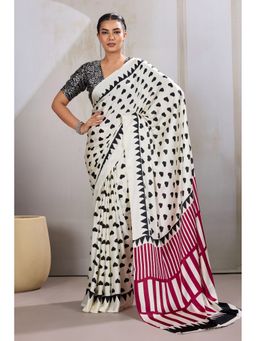 Mysilklove - Snow White Printed Satin Crepe Silk Saree With Unstitched Blouse