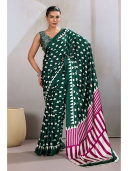 Mysilklove - Malachite Green Printed Satin Crepe Silk Saree With Unstitched Blouse