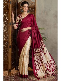 Mysilklove - Evergreen Kalamkari Printed Satin Silk Saree With Unstitched Blouse