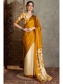 Mysilklove - Pineapple Yellow Kalamkari Printed Satin Silk Saree With Unstitched Blouse