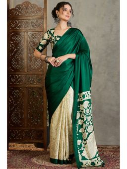 Mysilklove - Vintage Maroon Kalamkari Printed Satin Silk Saree With Unstitched Blouse