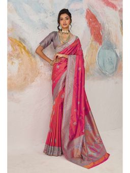 Mysilklove - Flamingo Pink Tanchoi Kanjivaram Saree With Unstitched Blouse